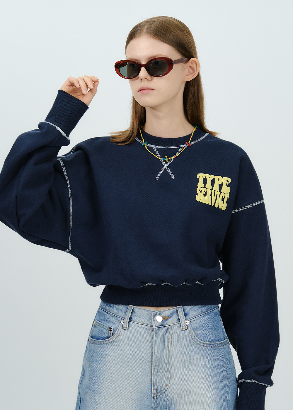 Premium Heavy Cotton Line Crop Sweatshirt [Navy]